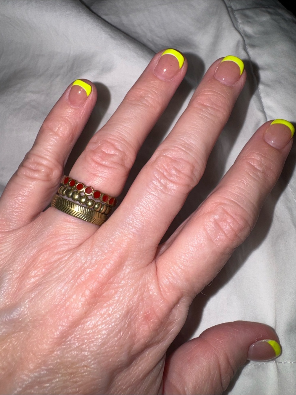 Lucky Brand Boho Brass Stackable Ring Set Size 7 | Chevron, Beaded & Red Enamel